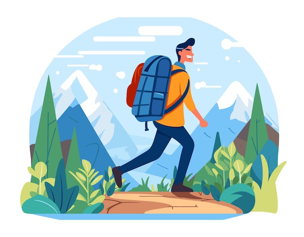 Young male hiker trekking mountains smiling wearing backpack casual outdoor clothing man