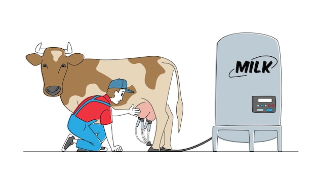 Young Male Milkmaid Character in Uniform Presenting Automatic Machine for Cow Milking.