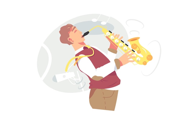 Young male musician plays saxophone vector illustration. Saxophonist playing on blowing musical instrument, jazzman orchestra player with sax flat style. Music, hobby concept. Isolated on white