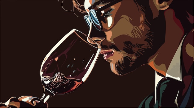 Vector young male sommelier tasting wine on dark background