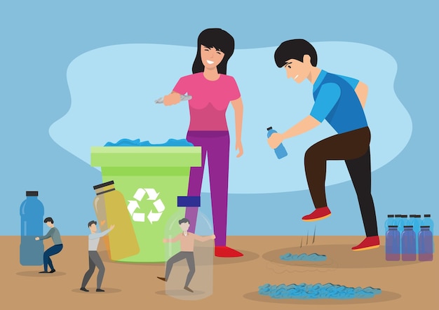 A young male volunteer helped bring a used bottle to a giant who flattened the bottle to reduce the space it needs to be placed in the recycling bin for reuse