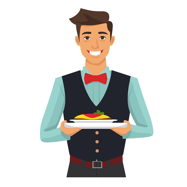 Vector young male waiter smiling serving dish wearing vest bow tie professional hospitality staff