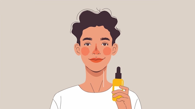 Vector young man applying serum for skin care on grey background