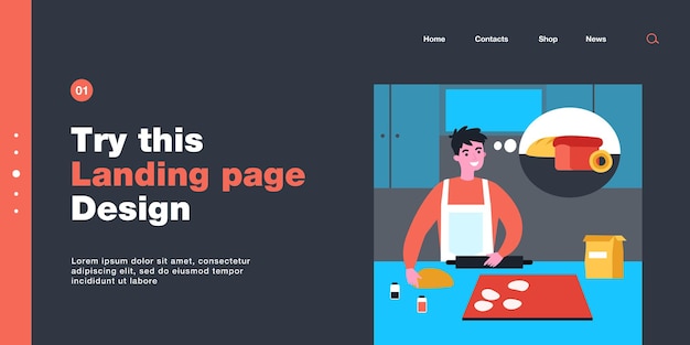 Young man in apron making dough for bread in kitchen at home. Male character thinking of baked loaf and donut flat vector illustration. Baking, food concept for banner, website design or landing page