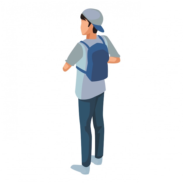 Young man back with backpack isometric