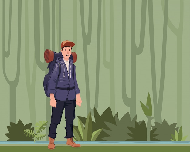 A young man, backpacker in the jungle forest. Hiker, Explorer.  Illustration with copy space.