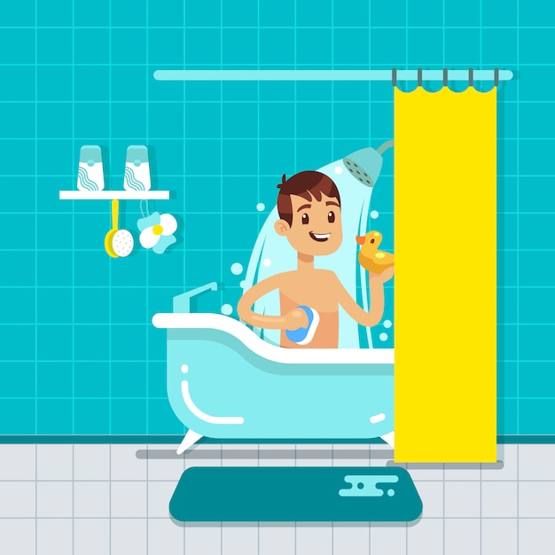 Young man in bathroom home interior with shower, bath vector illustration