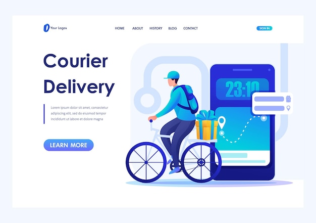 Young man on a Bicycle delivers orders Courier Delivery Flat 2D character Landing page concepts and web design