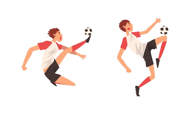 Vector young man in boots and kneehighs playing football or soccer moving the ball around pitch scoring goals vector set