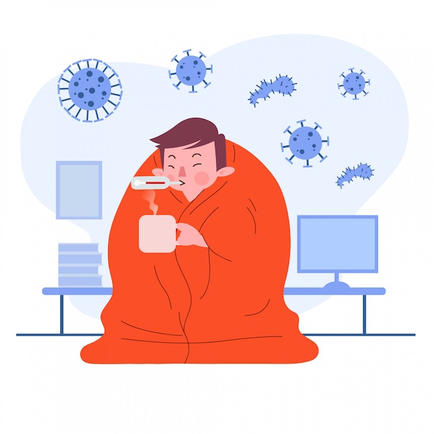 Vector young man or boy or male or person or character having fever and cold covering the blanket. sickness concept. flat design illustration. isolated.  