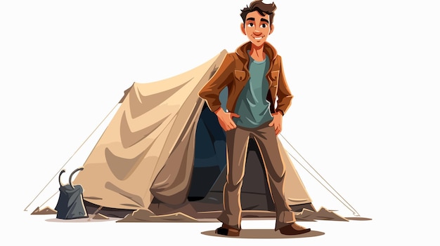 Young Man Camping Cartoon Vector Illustration