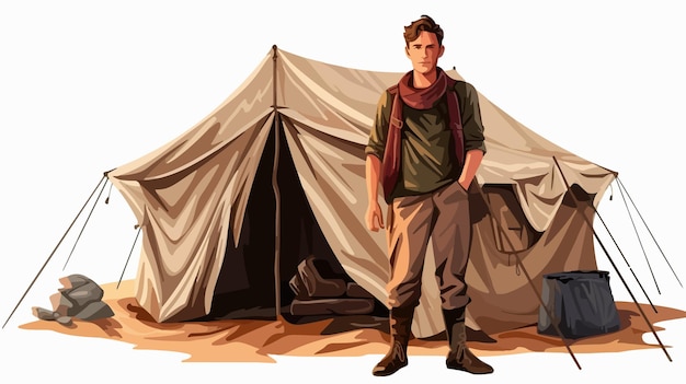 Young Man Camping Cartoon Vector Illustration