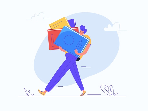 Young man carrying heavy book for school or college education. Flat modern concept vector illustration of burden of huge knowledge during lifetime. Casual design on white background