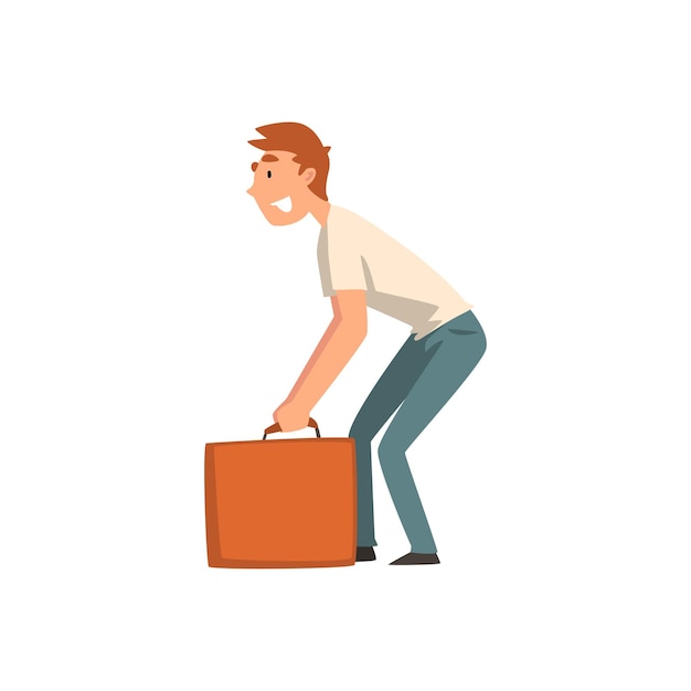 Young man carrying heavy suitcase guy traveling on vacation vector illustration