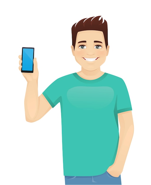 Young man in casual clothes holding phone witn blank screen isolated vector illustration