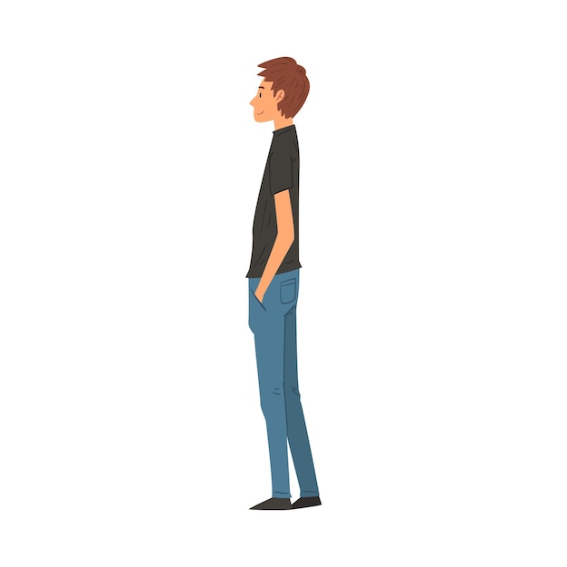 Vector young man in casual clothes looking at something side view vector illustration