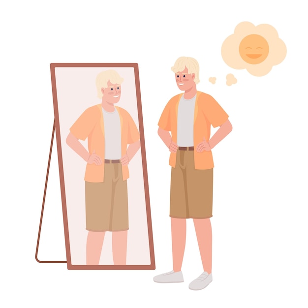 Young man in casual clothes near mirror semi flat color vector character