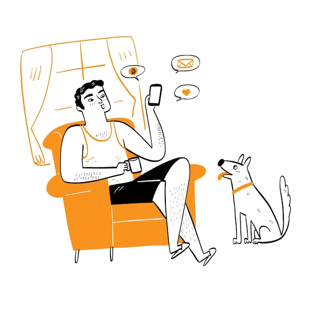 Young man in casual clothes on the sofa use the phone to communicate or social media, access, work from home communication concept, Hand drawing vector illustration doodle style.