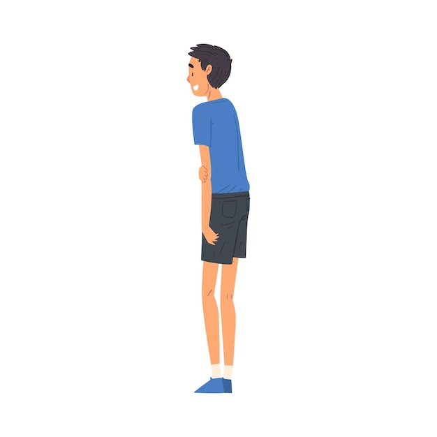 Vector young man in casual clothes standing back and looking at something view from behind vector illustration