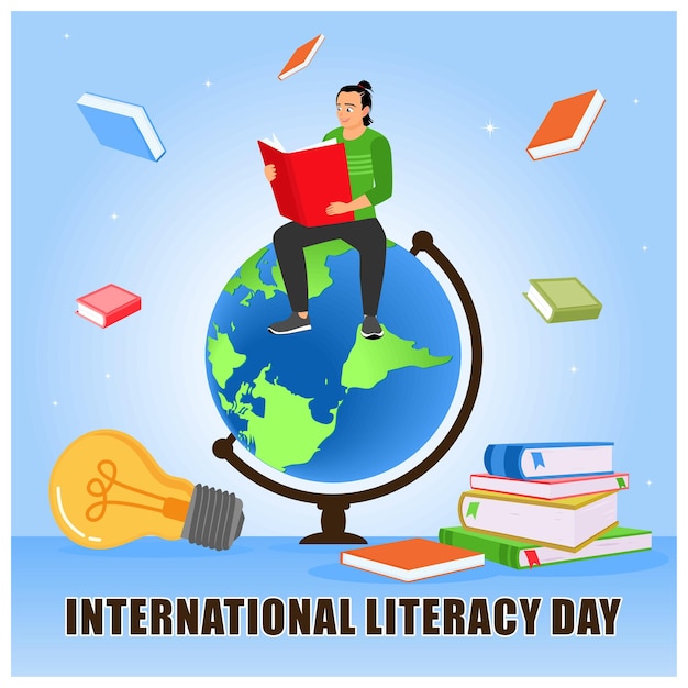 Vector a young man celebrates literacy day by reading a book background of books and educational equipment happy literacy day concept flat vector illustration