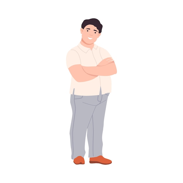 Vector young man character having corpulent body standing with his arms folded full length vector