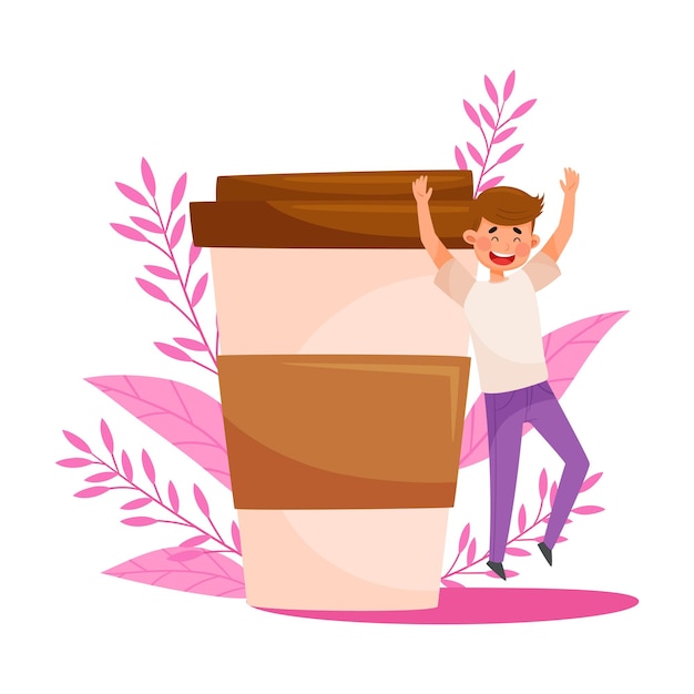 Young man character jumping with joy near huge coffee cup with floral backdrop vector illustration