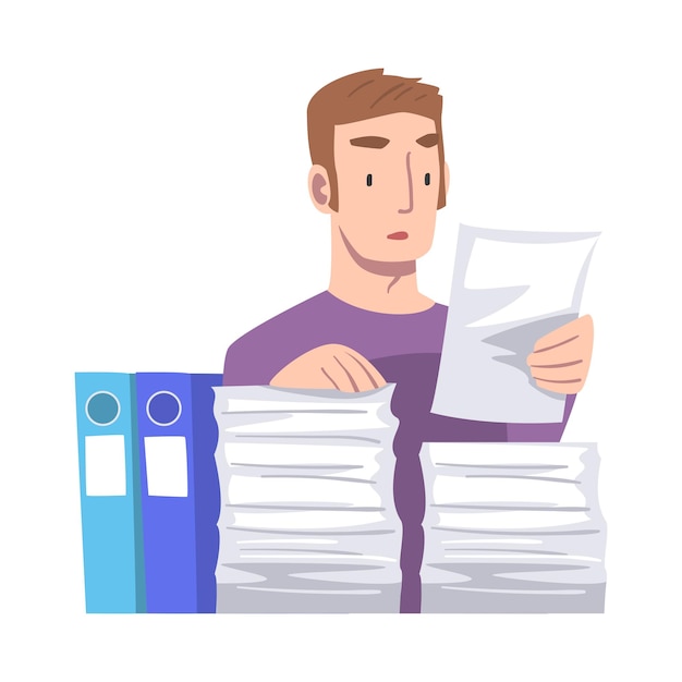 Vector young man character working with pile of papers vector illustration