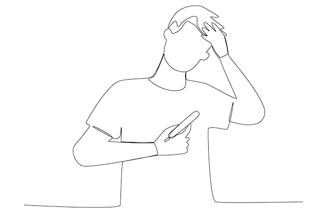 a young man checking his body temperature because of fever one line art