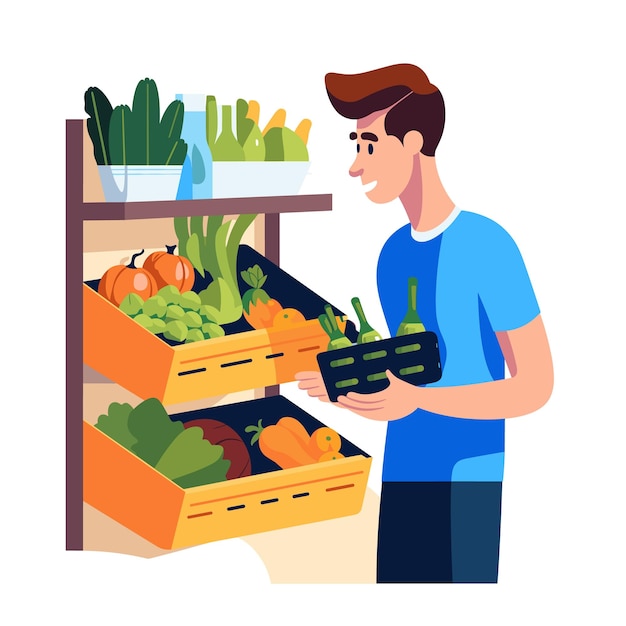 Young man choosing vegetables market shelf fresh produce selection Grocery shopping male