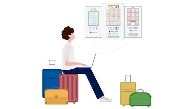 Young man at computer booking hotel online Flat illustration on white for tourism travel