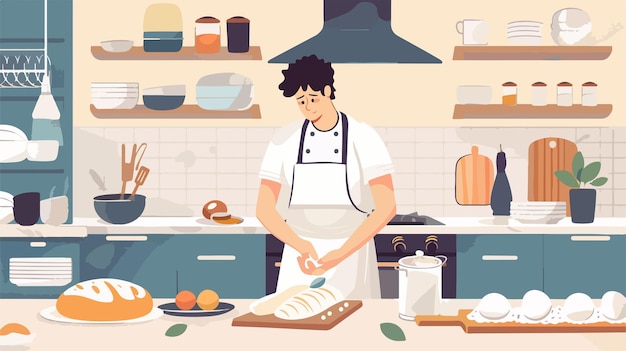 Young Man Cooking at Kitchen Vector Concept