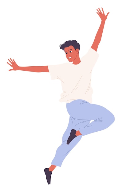 A young man dances in a jump with his hands up