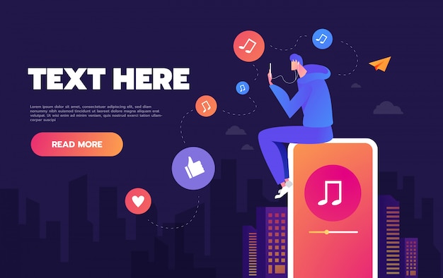 Young man dancing to the music playing on his phone, The concept of listening to music on social networks, Landing page concepts and web design