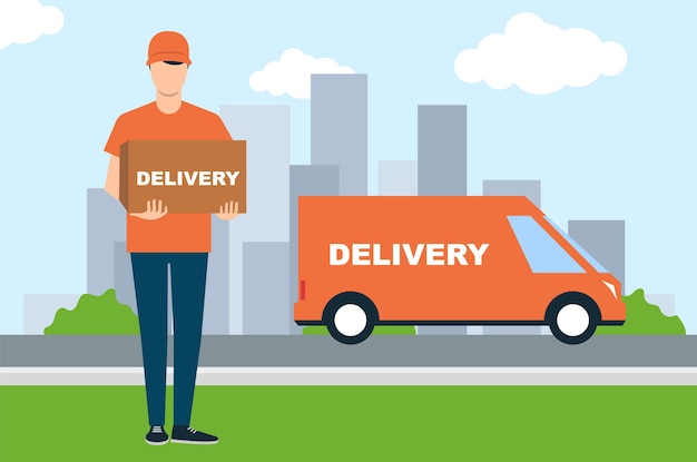 A young man delivered a box on a car. Delivery to the door. Vector illustration