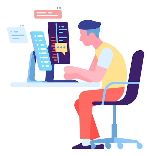 Young man developing software. Engineer coding at computer. Vector illustration