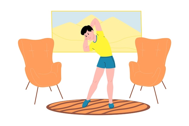 Young man doing sports physical exercises, home workouts and fitness at home during quarantine and lead healthy lifestyle. Flat vector illustration. People, men and women using the house as a gym.