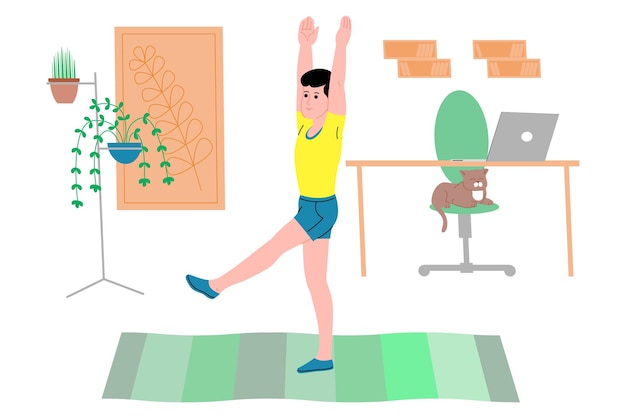 Young man doing sports physical exercises, home workouts and fitness at home during quarantine and lead healthy lifestyle. Flat vector illustration. People, men and women using the house as a gym.