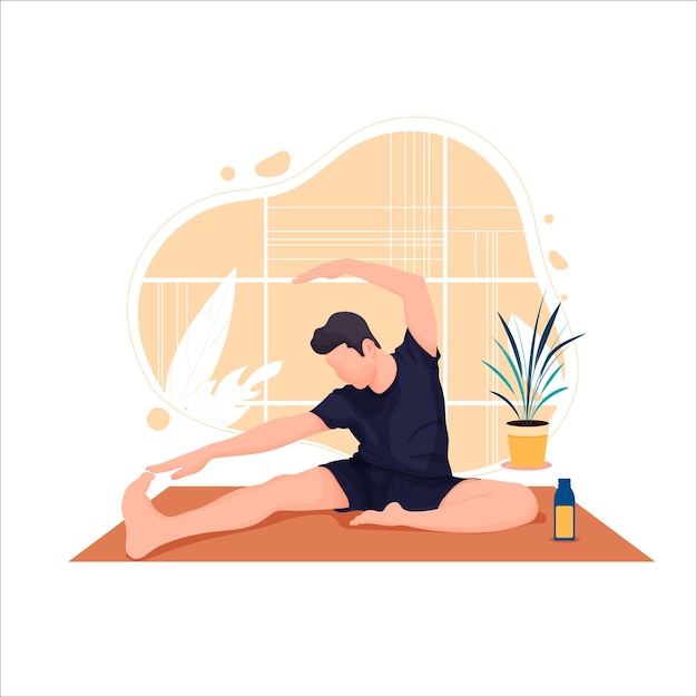 Young man doing yoga Man relaxing in the lotus position Vector flat illustration