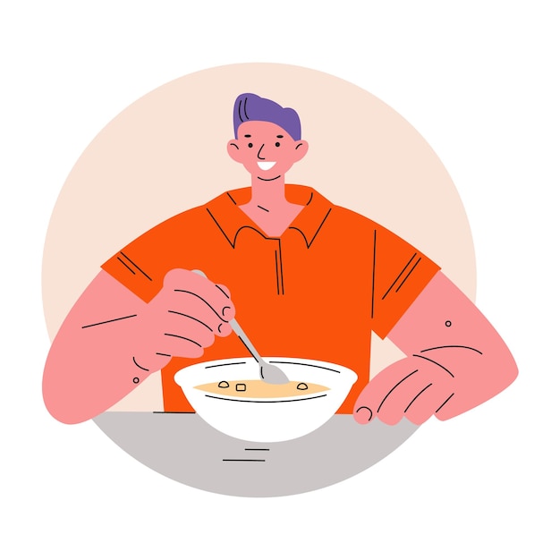 Young man eating soup meal. Vector illustration in flat style.