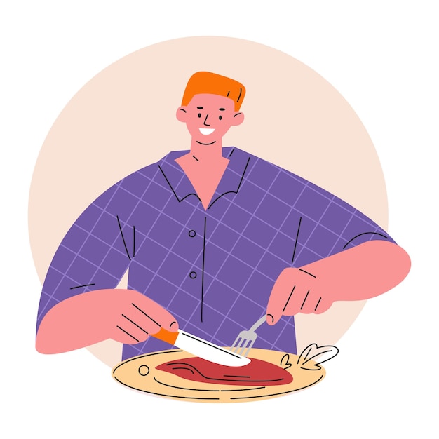 Young man eats meat with fork and knife. Vector illustration in flat style.