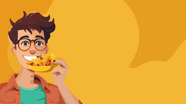 Vector young man enjoying delicious nachos on yellow background