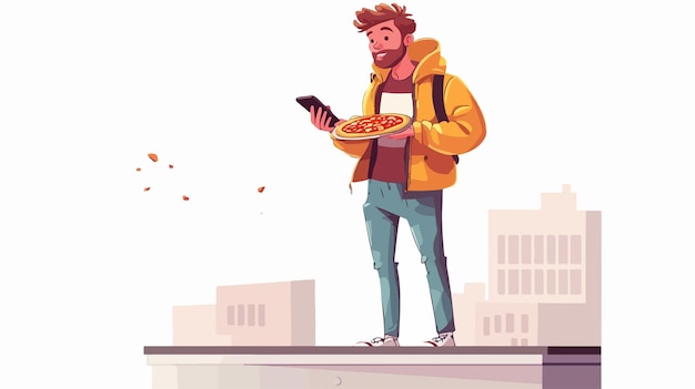 Vector young man enjoying pizza and using smartphone standing