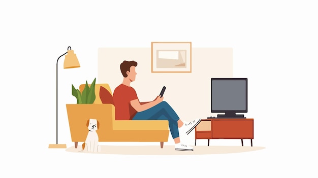 Vector young man enjoying television entertainment watching tv concept