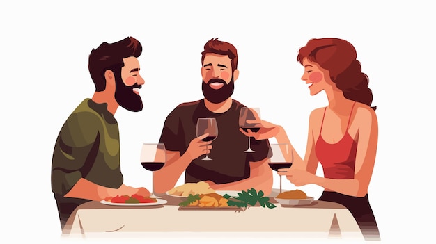 Vector young man enjoying wine with male and female friends