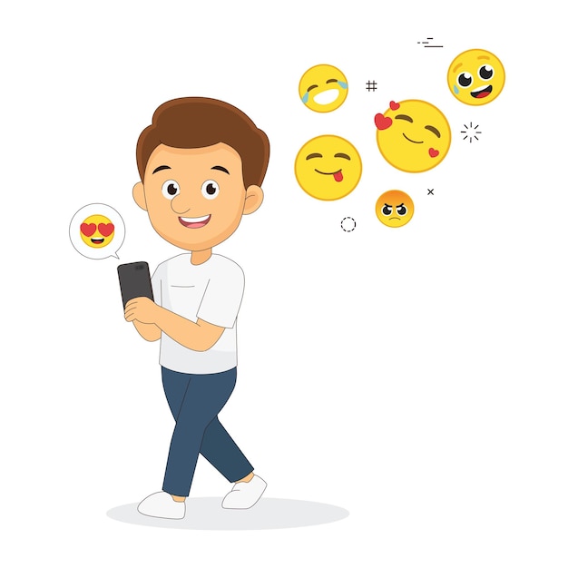 Young Man Finding Happy Emoji With Smartphone