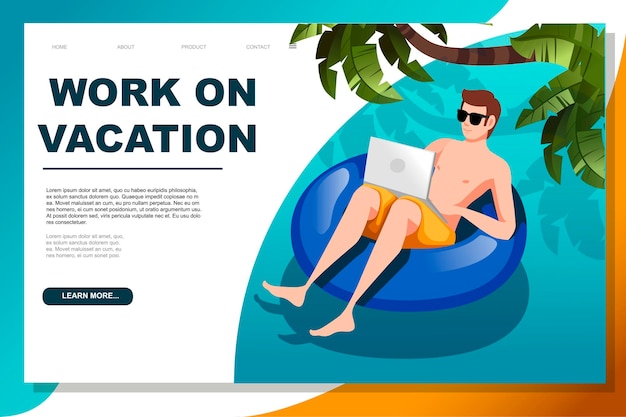 Young man floating on an blue inflatable circle with laptop vector illustration work at vacation