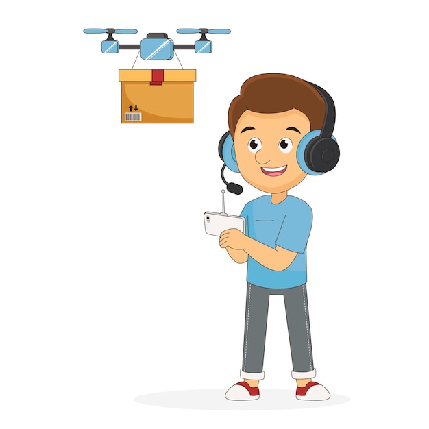 Young Man flying drone vector illustration