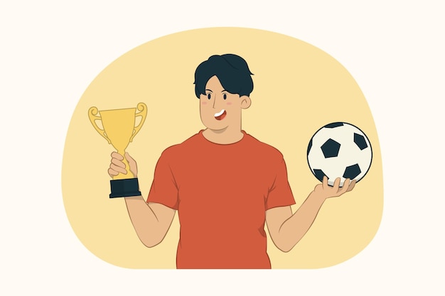 Young man football fan hold golden cup concept