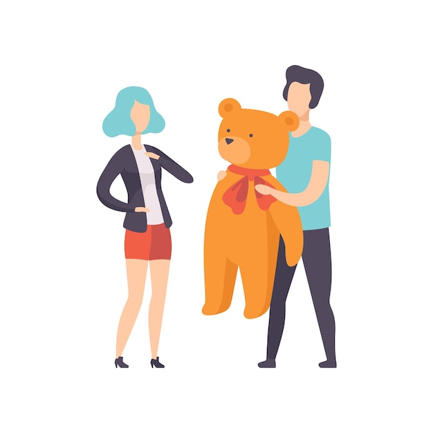 Young man giving big teddy bear to girlfriend people celebrating the holidays concept congratulations to a friend vector Illustration isolated on a white background