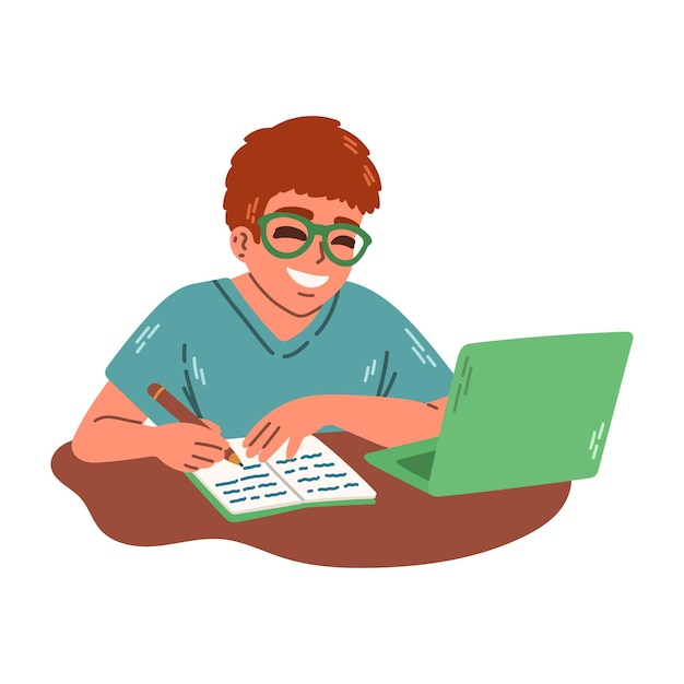 Young man in glasses sitting at a table and writing in notebook, studying with laptop. Flat vector